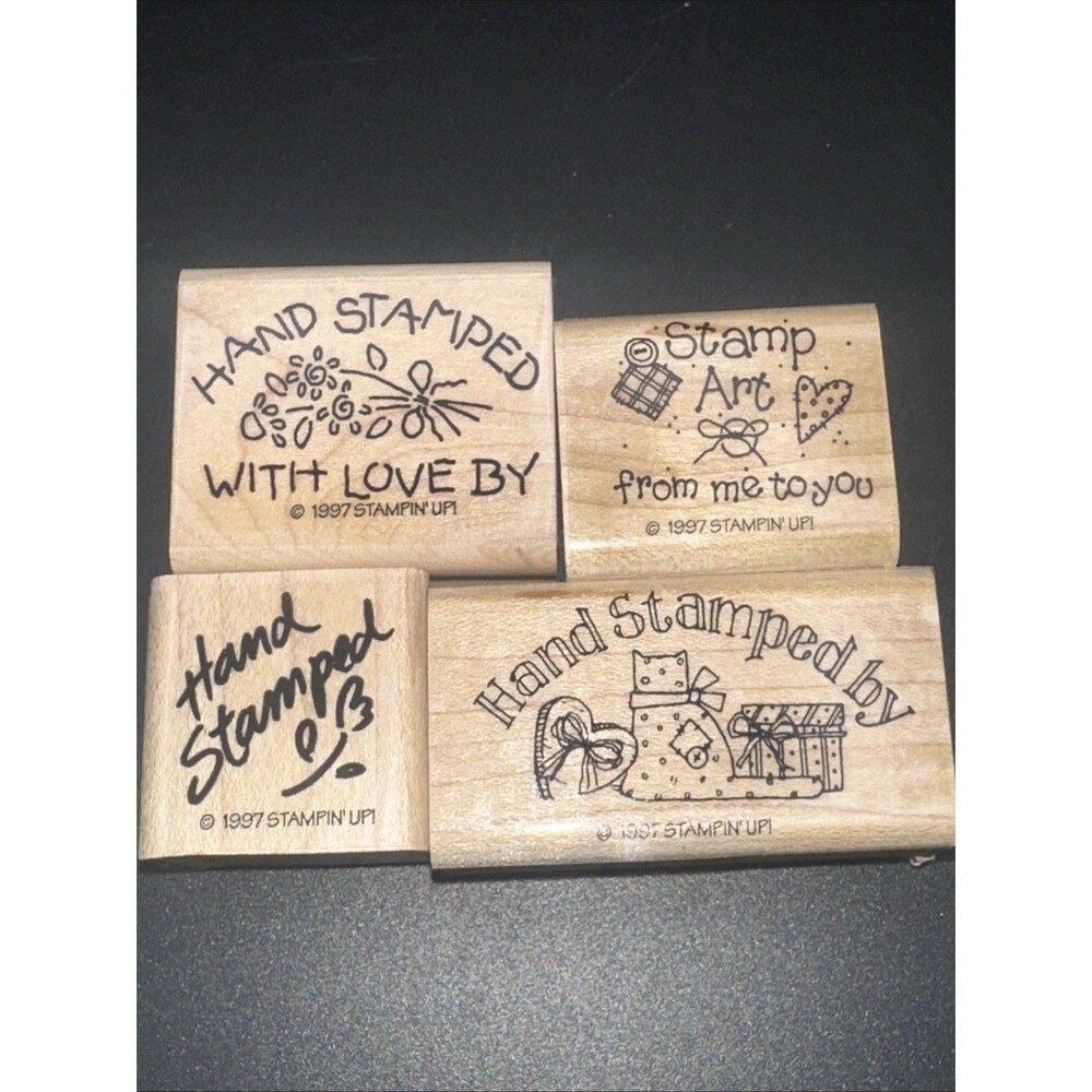 Stampin Up Hand Stamped By 1997 With Love Art Cat Heart Flower Gift Present Wood